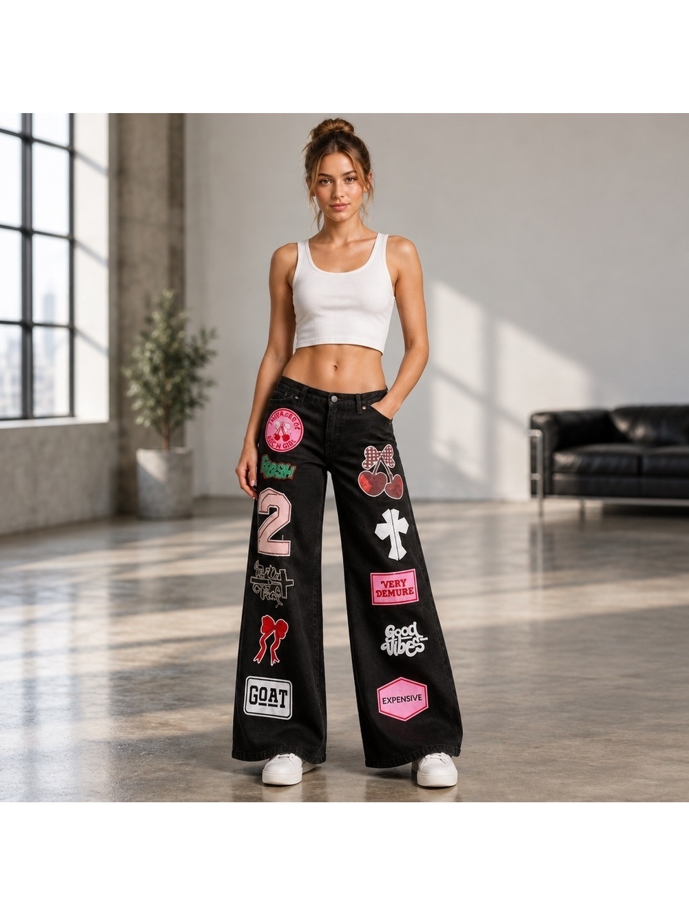 Black Wide Leg Streetwear Patchwork Skater, Y2K Jeans Size 9/29